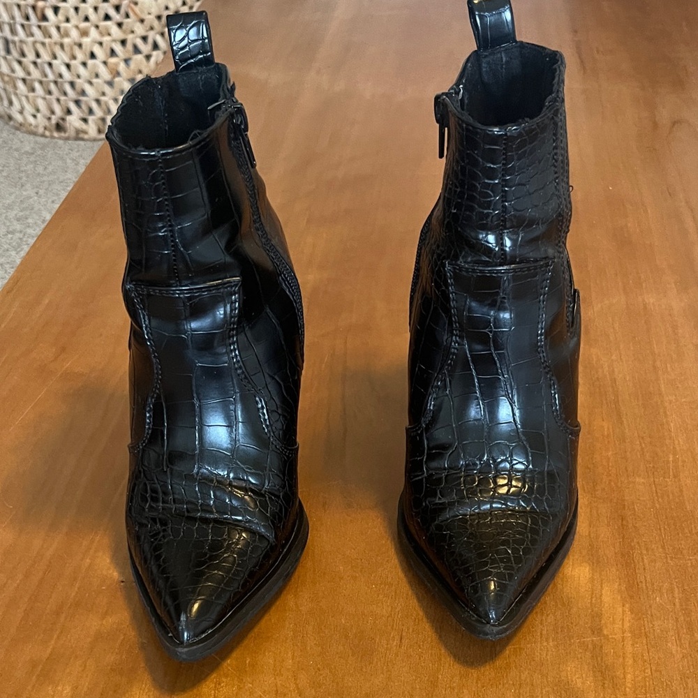 ASOS Glossy Black Croc-Patterned Ankle Booties